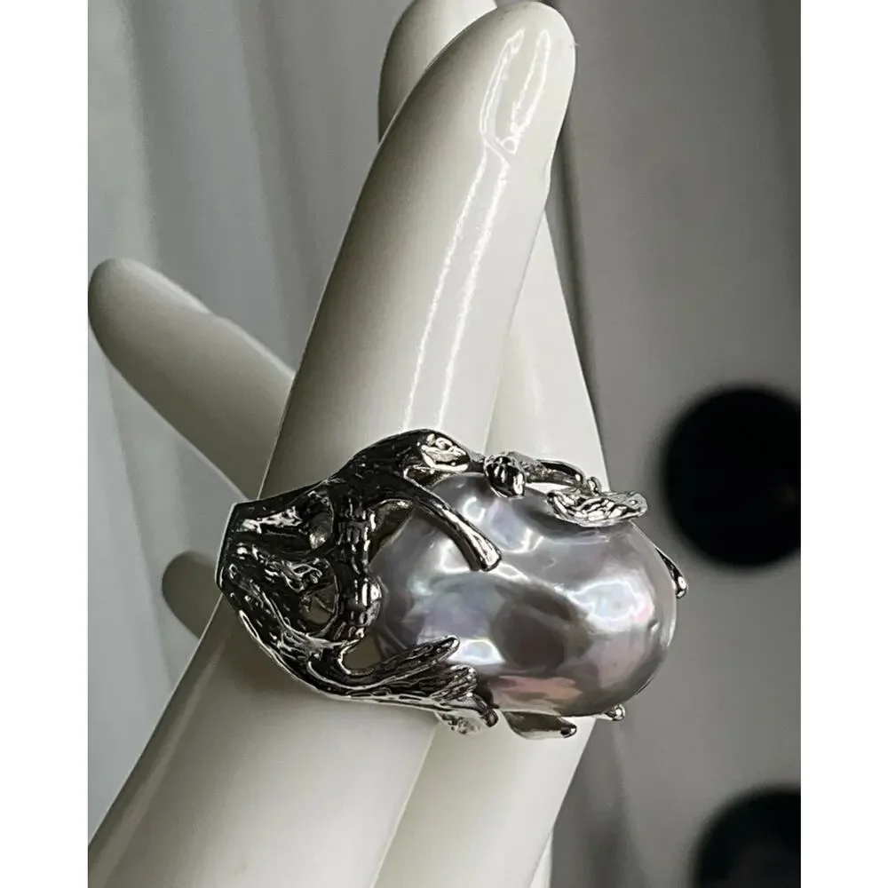 925 OP Sterling Silver Gray Baroque Pearl Branch Statement Ring 17g Size 6.5